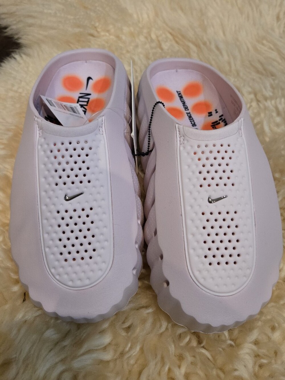 Nike Mind 001 Women Pale Pink Slip-On Slides with Orange Dot Insoles